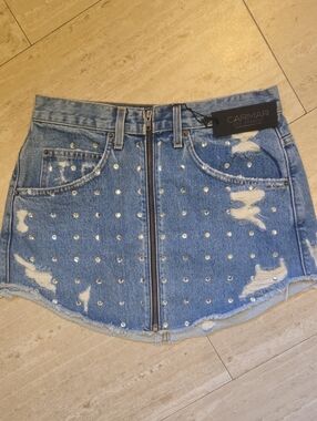 New Carmar Los Angeles Zipper Front Denim Blue Rhinestone Mini Skirt
